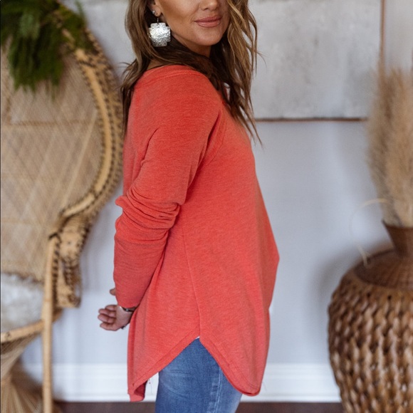 Bright coral oversized Long tunic sleeve top thumb holes layer curved hem S M L - Picture 4 of 4